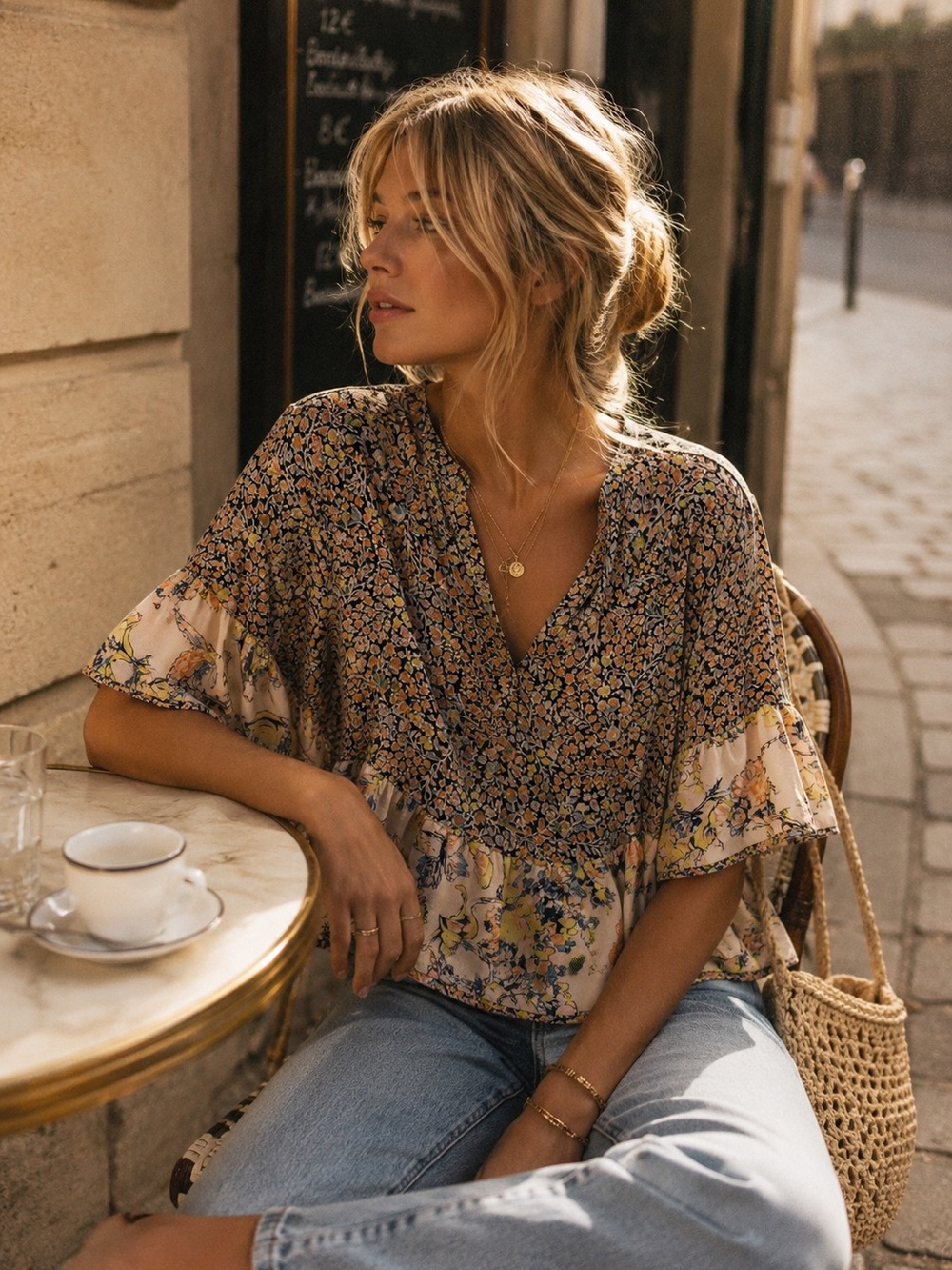 BCBGMAXAZRIA Silk Feel Floral Peplum Blouse XS Sezane Anthro Vibes Bohemian